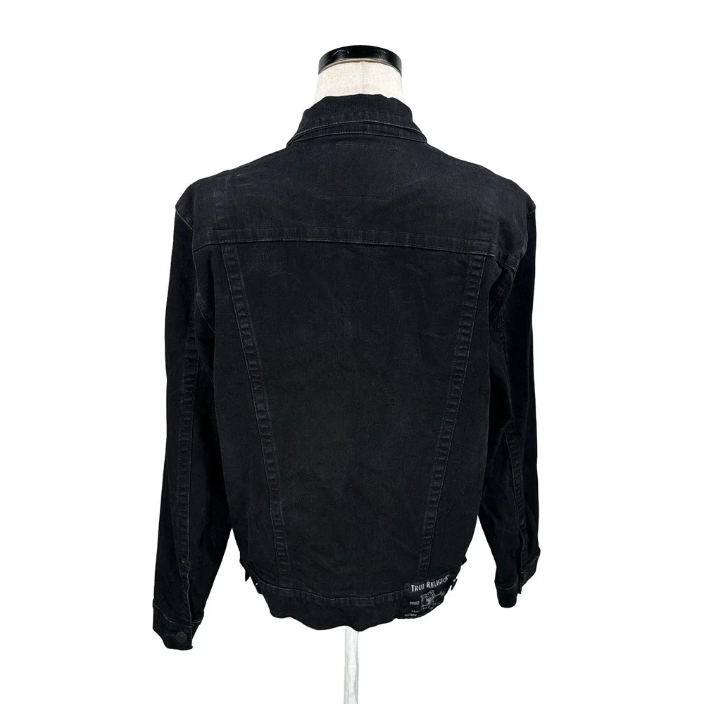 True Religion Mens‎ Black Denim Trucker Jacket Western Button Faded Black L